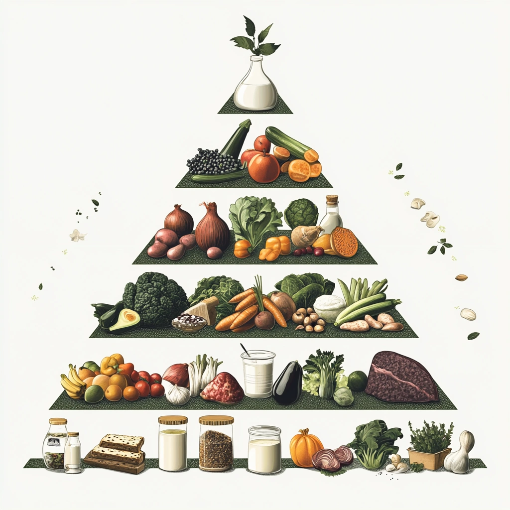 Піраміда здорового харчування з різними групами продуктів